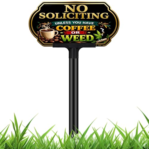 Image of Funny Coffee No Soliciting Sign for House, 10 x 5 Inch Aluminum Yard Sign | Funny Coffee No Soliciting Yard Sign with 40 Mil Aluminum, UV Printed Weatherproof Outdoor Sign for Home, Lawn and Fence