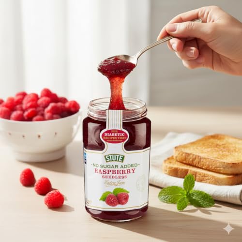 Image of Stute Raspberry Jam 430g, No Sugar Added, 90% Less Sugar & 30% Less Calories, Diabetic Friendly, Imported from UK