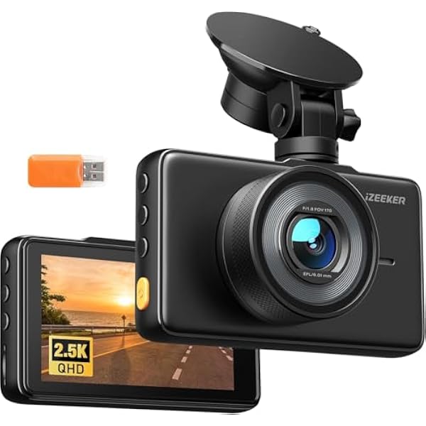 iZEEKER 2.5K Kamera samochodowa, 1440P QHD z darmową kartą 32 GB, 3-calowy wyświetlacz IPS, tryb nocny, WDR, szeroki kąt widzenia 170°, nagrywanie w pętli, nagrywanie awaryjne z czujnikiem G
