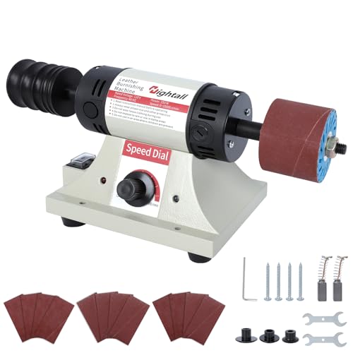 Leather Burnishing Machine 1750-8500 RPM Variable Speed 350W Electric Polishing Tool with Sanding Drum and Rosewood Grinding Head 12 Pcs Sanding Sleeves (80/120/240 Grit) & Mahogany Polishing Wheel