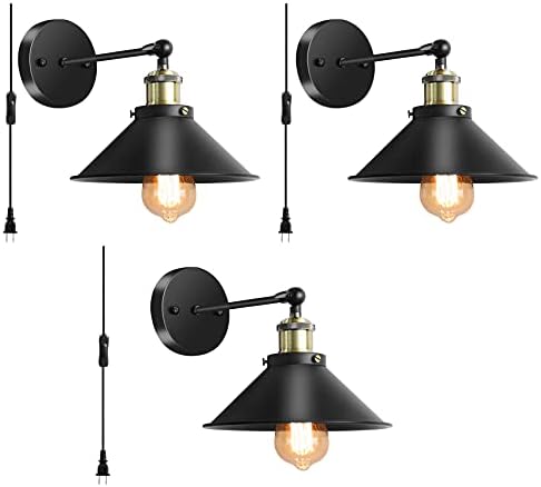 Wall Sconces Lighting, Vintage Industrial Wall Lamp with Plug in Cord On/Off Switch, Swing Arm Wall Mounted Bedside Lamps for Bathroom Bedroom Porch Kitchen Living Room (3 Pack, Matte Black)