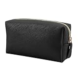 Apooliy Leather Makeup Bag for Purse Travel, Portable Small Cosmetic Organizer for Women and Girls, Make up Bag with Zipper (Black)