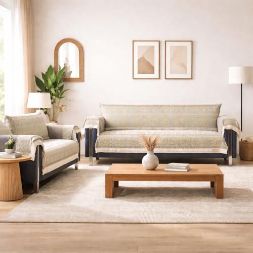 Image of Elegant Woven Green Sofa Cover Soft Chenille Traditional Pattern with Lace Style | L-Shape Sectional Seat Protector for Living Room Durable & Stylish Slipcover 3+2 Seater with Arms