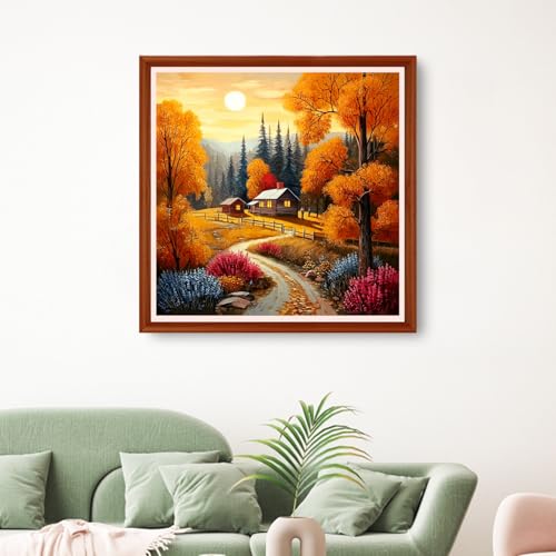 Image of Hopeart Stamped Cross Stitch Kits for Beginner Embroidery Kits for Beginners Adults DIY 11CT Cross Stitch Patterns Needlepoint Kits Crossstitching Kits-Deep Autumn Homeland 18x18 inchs