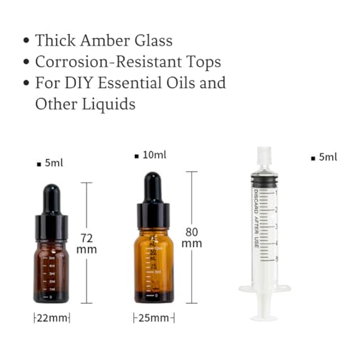 Image of Dropper Bottles 0.1&0.3 oz with 5ml Syringe Extract Tool, 5ml & 10ml Thick Dark Amber Glass Tincture Bottles with Eye Droppers-Leakproof Essential Oils Small Bottles with Scale Lines