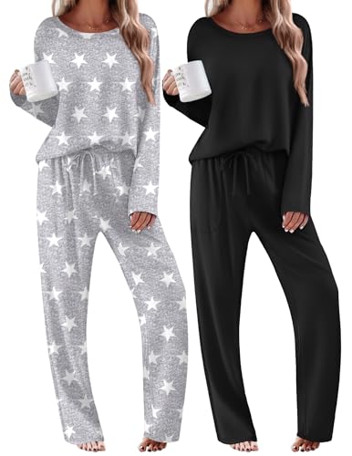 Ekouaer Pj Sets for Woman Soft Knit Sleepwear Casual Long