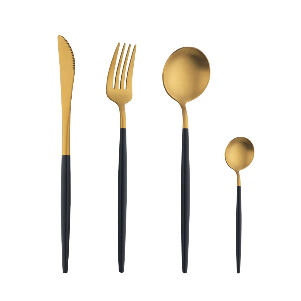 YDware 20 Stück Besteck Schwarzes Gold Matt, 20 Stück Titanium Schwarzes Gold Plated Besteck Set, Besteck Set Schwarzes Gold Service für 5.