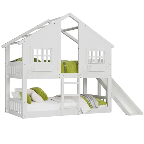 Image of Jocisland Twin Over Twin House Bunk Bed, White