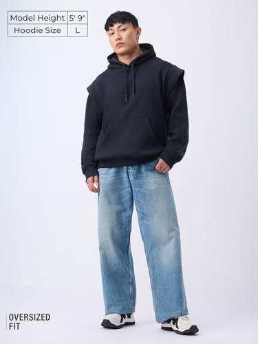 Image of The Souled Store Korean Hoodie: Midnight Men and Boys Long Sleeve Hooded Neck Black Solid Cotton Blend Heavy Fleece Pullover Oversized Hoodie