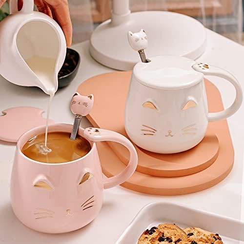 2 Pack Cute Cat Mugs Cat Coffee Mug Set with lid and Lovely Kitty Spoon Novelty Morning Tea Milk Mug Set for Cat Lovers Girls Women Christmas Birthday Gift 450ML/15oz,White and Pink