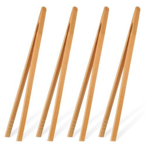 LIQWEI 4 Stück Bambus-Toastzange, 25cm Holzzange, Rutschfestem Wiederverwendbare Küchenzange Bambus Zange Toast Kleine Küchenzange für Salat Grillen Braten Kochen Brot