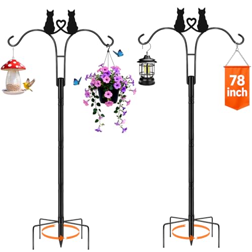 Double Shepherds Hooks for Outdoor, 2 Pack 78 Inch Bird Feeder Pole with 5 Prongs Base, Adjustable Heavy Duty Plant Hangers Cat Art for Outdoor Plants Hummingbird Feeder Hanging Basket Lantern