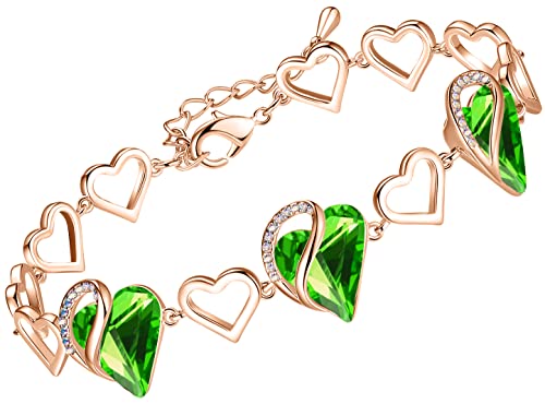 Leafael 18K Rose Gold Plated Love Heart Link Bracelet With Malachite Fern Green Healing Stone Crystal For Nature, Jewelry Gifts For Women, 7" Chain + 2" Extender #TOP28