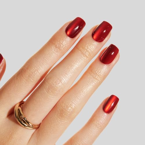 LAMIMOSA 32Pcs Red Glittery Press On Nails Short Square, RED VELV...