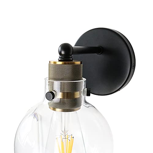 Image of MONKFISH Modern Industrial Wall Sconce Light with Glass Globe Shade, Black & Brass Wall Lamp Fixture for Bathroom, Bedroom, Hallway & Living Room, E26 Socket, UL Listed