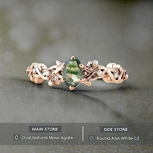 Oval Cut 0.40CT Natural Moss Agate Ring Rose Gold Plated 925 Sterling Silver Green Gemstone Leaf Vine Nature Inspired Engagement Rings for Women Size 4-102
