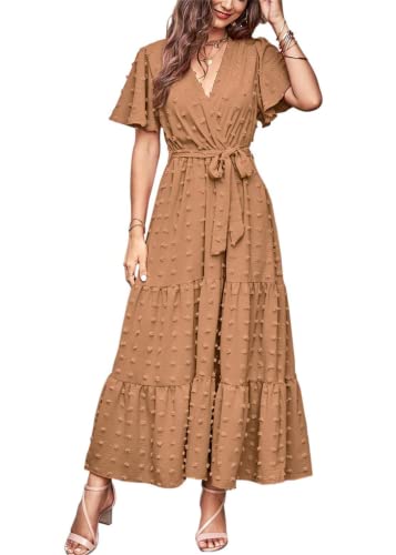 Image of MASCOMODA Women Boho Swiss Dot Maxi Dresses Wrap V Neck Flutter Short Sleeve Solid Tie Waist A Line Tiered Flowy Long Dresses