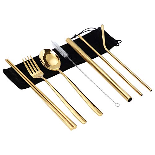 Portable Cutlery Set Travel Camping Home Office Tableware Bulk with Reusable Stainless Steel Cutlery Set Including Cutlery Spoon Straw Chopsticks Cleaning Brush Eco-friendly (Gold)