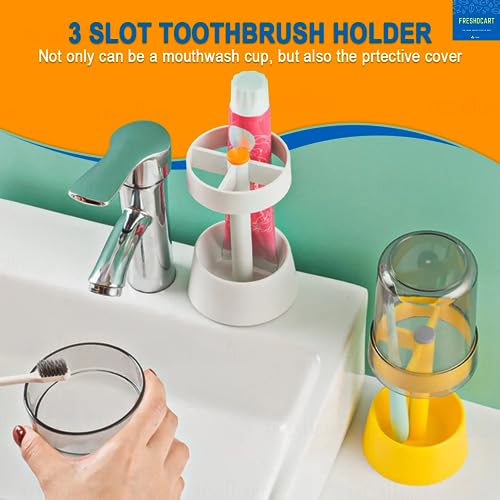 Image of FreshDcart Bathroom Brush Holder| FDCA619 2-in-1 Toothbrush Stand & Toothpaste Organizer | Plastic Brush Holder with 3 Compartments & Cover | Multicolor | Pack of 1