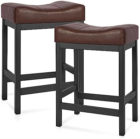 KATDANS Bar Stools Set of 2, Counter Height Stools 24 Inch Saddle Stools, PU Leather Modern Kitchen Barstools with Metal Base, KS861P-Brown
