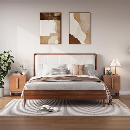 Image of JOINICE Mid Century Modern Night Stand Set of 2 for Bedroom, Cherry | Bed Side Table with Storage for Living Room, Bedroom, Veneer Finish, 2 Large Drawers with Golden Handles, Accent Piece
