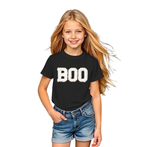 Girl Boy Halloween Shirts Kid Glitter Boo Chenille Patch T-Shirt Embroidery Spooky Season Tee Fall Short Sleeve Top - Main Image