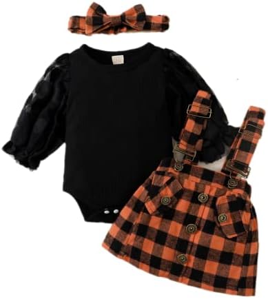 Guodeunh Infant Baby Girl Outfits Tulle Puff Sleeve Romper Orange Plaid Suspender Skirt Set Little Sister Matching Clothes (0-3 Monyhs, Black- Skirt)