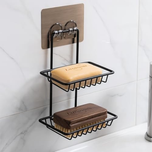 Image of 2-Tier Wall Mounted Soap Holder for Bathroom | Self Adhesive Soap Dish Rack | Rustproof Metal Shower Organizer | Strong Sticker Mount, No Drill, Space Saving Storage Shelf