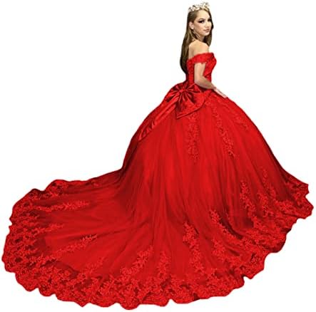 PFTFB Red Puffy Tulle Quinceanera Dresses Ball Gown with Train Off Shoulder Applique Beaded Prom Dresses for Vestidos De 15 años Size 2