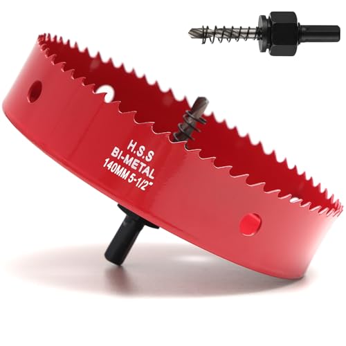 Image of 5-1 /2 Inch Hole Saw for Wood, 140mm HSS BI-Metal Hole Saw for Recessed Lighting, 35mm Cutting Depth Hole Cutter with Hex Shank Drill Bit Adapter for Cornhole Boards Plastic Drywall Fiberboard, Red