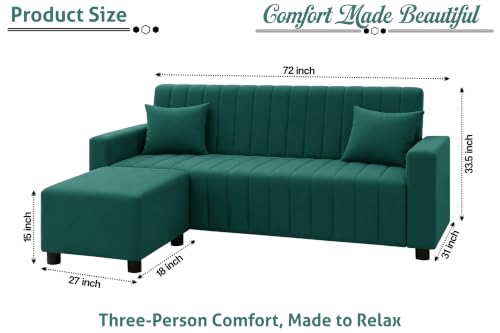 Image of Rosebell Three Seater Sofa Set with Ottoman | Living Room Couch | with Printed Cushions | Sofa for Home, Apartment & Office-Green Color