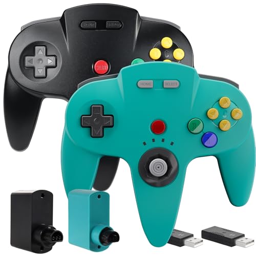 Image of SAFFUN 2 Pack Wireless N64 Controller Made for Switch 1 & 2, N64 Console, Wireless 2.4 GHz Receivers Compatible with Switch Online, Windows PC, macOS (Built-in Vibration) (Rechargeable) Cyan /Black