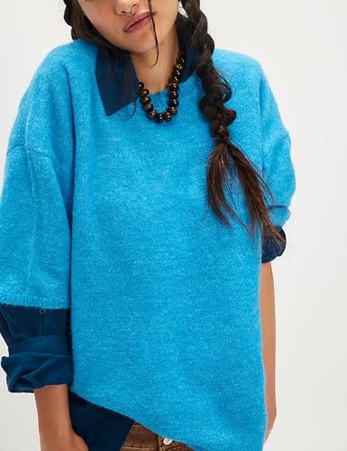 Yeokou Women Sweater Tee Casual Crewneck Short Sleeve Pullover Top Ribbed Knit Loose Shirt