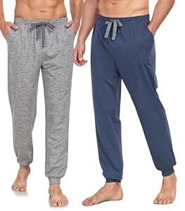 COLORFULLEAF Schlafanzughose Herren Lang Schlafhose mit Bündchen Pyjamahose für Männer Jogginghose 1/2er Pack Haushose(Gesünderes Blau*1+Gesünderes Grau*1,M)