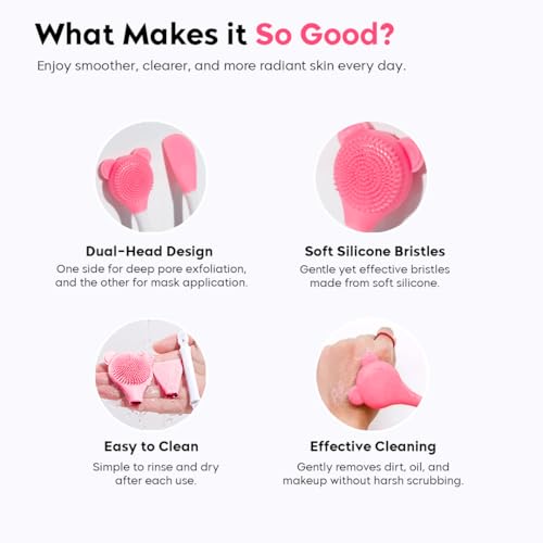 Image of Gleva Silicone Facial Cleansing Brush, Deep Pore Cleansing, Skin Exfoliator, Face Mask Applicator, Soft Silicone Bristles, Pink Bear Shape