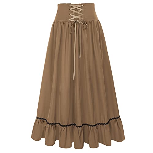 Hanna Nikole Womens Plus Size Victorian Renaissance Maxi Skirt Lace Up High Waist Skirts Braun 48-50 Cover