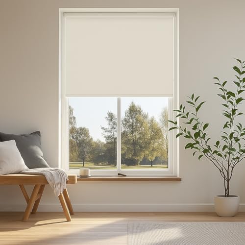Amazon Basics 100% Blackout Roller Blinds for Windows (5 feet x 7 feet WXH, Ivory) | Polyester | Manual Roll-Up | UV & Glare Protection | Thermal, Waterproof | for Home & Office