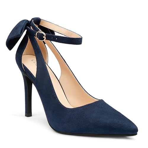 Image of COLETER Womens Back Bow D'Orsay Pumps Pointed Toe Ankle Strap Wedding Heels | 4 Inch Stiletto Heels, Adjustable Ankle Strap, Back Bow Pumps, Formal Evening Bridal Shoes