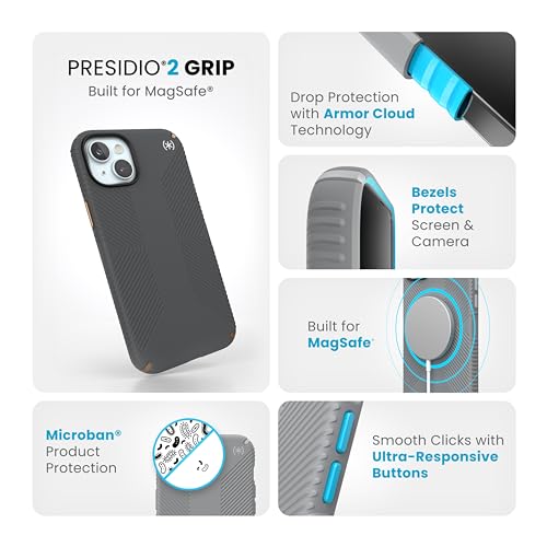 Image of Speck iPhone 15 Plus & iPhone 14 Plus Case - Presidio2 Grip MagSafe, Drop Protection, Soft Touch Charcoal Grey /Cool Bronze /White