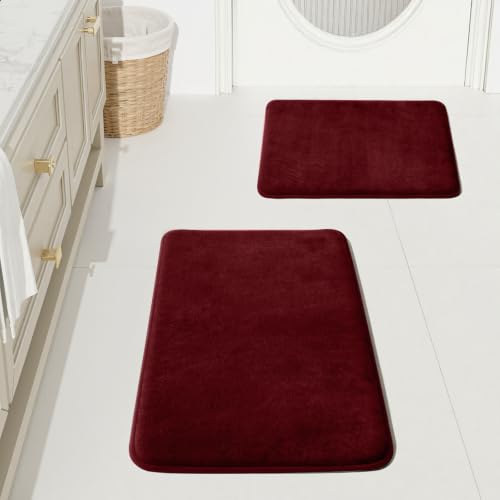 HUXMEYSON Bathroom Rugs Sets 2 Piece, Non-Slip & Quick Dry Bath Mat Set, Ultra Soft Velvet Bath Rugs for Bathroom, Toilet and Shower Floor, Red