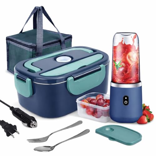 Scaldavivande Elettrico Portatile + Leggero Frullatore Portatile USB 110V/12V 60W-80W con Contenitore Rimovibile in Acciaio Inossidabile Lunch Box 80W in acciaio inox uso casa ufficio auto camion