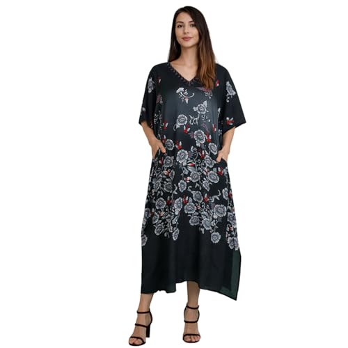 Image of Miss Lavish London Women's Black Floral Kaftan Dress with Pockets, V Neck Maxi Caftan Beach Cover Up, Short Sleeve Resort Wear Dress, Plus Size Swimsuit Coverup, Caftan Maxi Beach Dress-Black-3XL