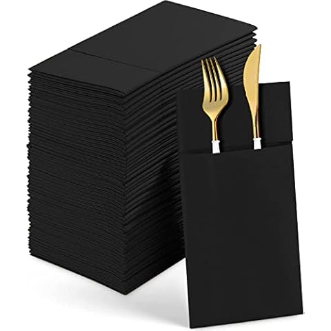 Leinen-Feel Servietten Bestecktasche - 50 Stück schwarze Einweg-Servietten Cover