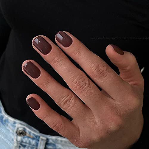 Brown Press on Nails Short,KQueenest Solid Color Glue on Nails Super Fit & Natural Reusable Acrylic Nails Kit Fake Nails Set in 24 PCS