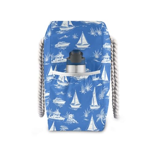 JUNZAN Blue Tropical Sailboats Beach Tote Bag with Handles Beach Totes Bags for Women with Waterproof Pockets4