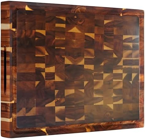Tagliere in legno con scanalatura per succhi e manico, 40 x 30 x 3 cm, tagliere a scacchi, tagliere per salumi, carne, verdura, frutta
