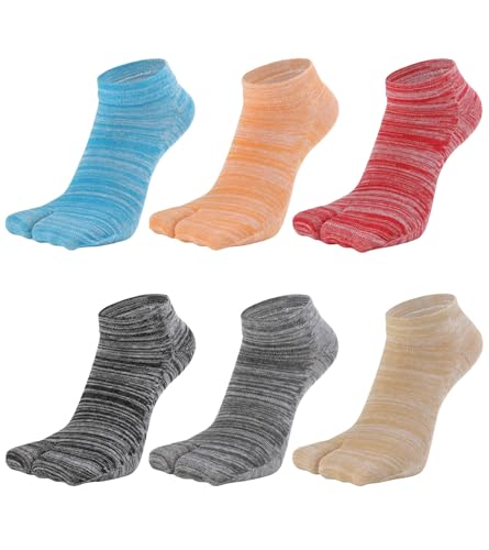 HONOW Womens Tabi Split Toe Flip Flop Socks Big Two Toe Cotton Colorful No Show Low Cut Ankle Athletic Pack of 6