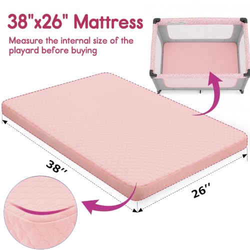 Image of Pro Goleem Pack and Play Mattress (38 inchx26 inch), Waterproof Pack n Play Mattress Pad with Carry Bag, Firm Playard Mattress with Soft Cover, for Babies and Toddlers(Pink)