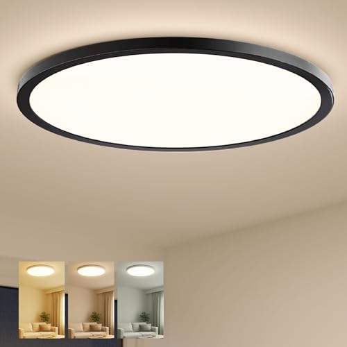 Plafón LED Techo 24W 3CCT 3000K-4000K-6000K, 2760LM Ø23cm IP44 Ultrafino 21mm con Selector de Temperatura Integrado, Lámpara de Techo para Dormitorio Cocina Salón Baño (3cct/Negro, 1 Pack)