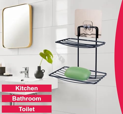 Image of BHARANI MART- Self-Adhesive Bathroom Corner Shelf || Soap Holder || Shower Shelf || Kitchen Rack & Holder || Sink Holder (GI Metal, Powder Coated Finish) (2 Pcs, 2 Tier Soap Stand)